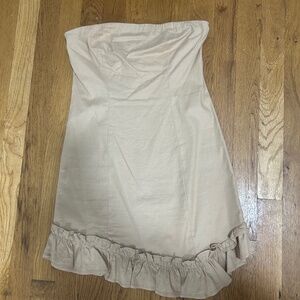 Lovers + Friends x Revolve Tan Linen Tube Strapless Ruffle Hem Mini Dress